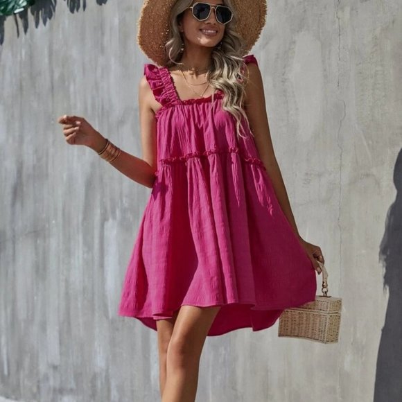 pink Boho Frill Trim Ruffle Hem Dress - Picture 6 of 6